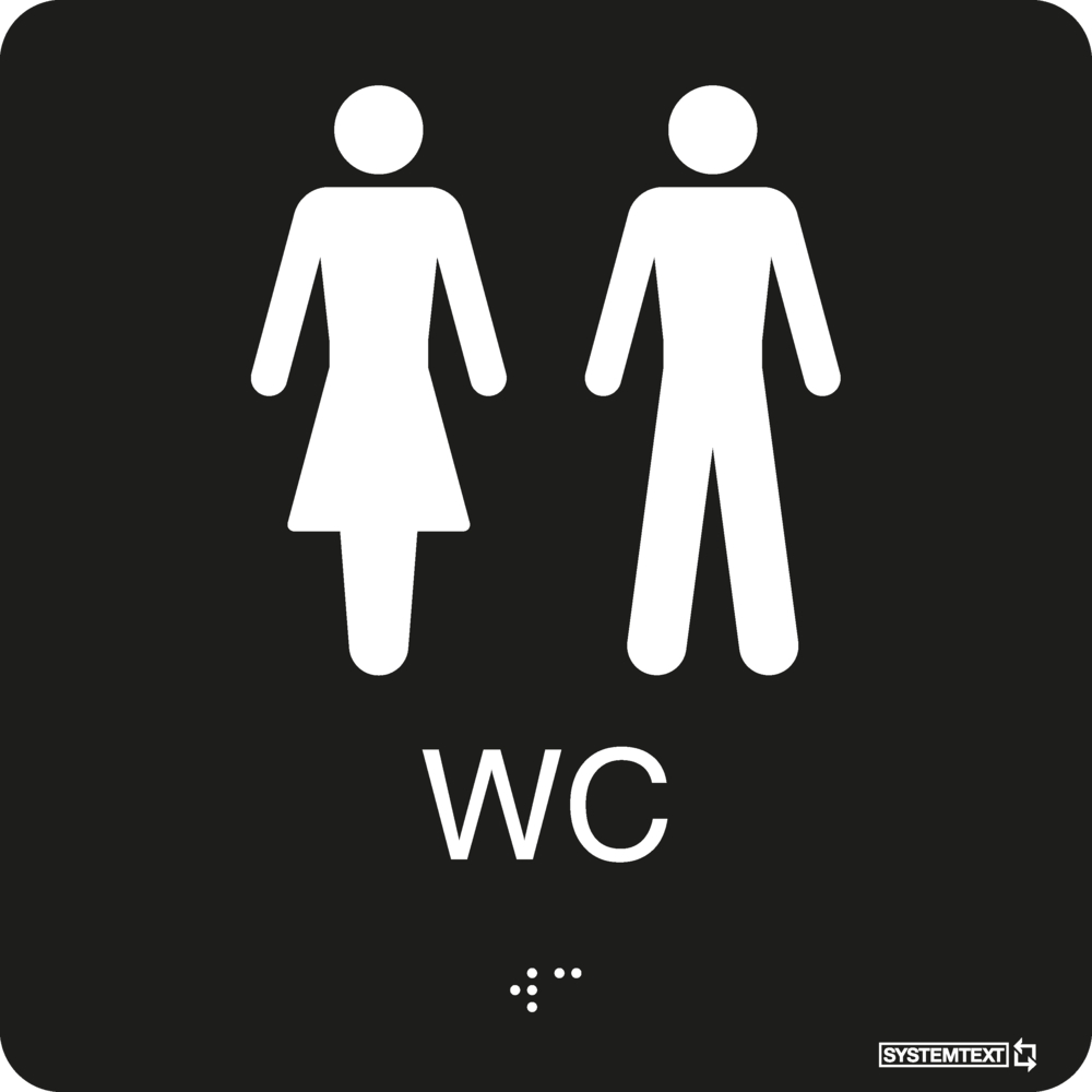 Skylt taktil WC dam/herr svart     150 x 150 mm